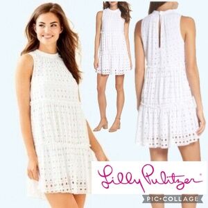 Lilly Pulitzer Indira Swing Dress Resort White Eyelet Mock Neck Tiered Size S